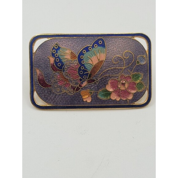 Unbranded Jewelry - Vintage Cloisonne Enamel Butterfly & Flower Brooch Gold Tone Red Blue Bolo Tie